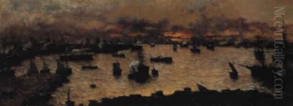 A View Of The Port Of Genoa At Dawn Oil Painting by Pompeo Mariani