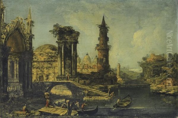 A Capriccio Of An Imagined Cityscape With Saint Mark's Basilica And Ruins On The Banks Of A River Oil Painting by Michele Marieschi