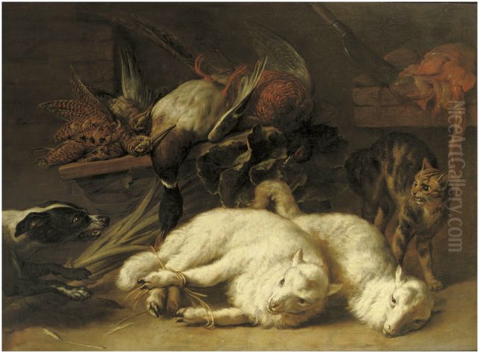 Game Including A Duck And A Grouse On A Wooden Ledge With Two Tied Up Lambs, A Hound And A Cat Nearby Oil Painting by Nicasius Bernaerts
