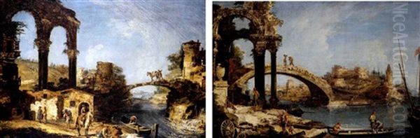 Capriccio Con Ponte E Archi Classici In Rovina (+ Capriccio Con Ponte, Rovine Classiche E Torri Medioevali; Pair) Oil Painting by Michele Marieschi