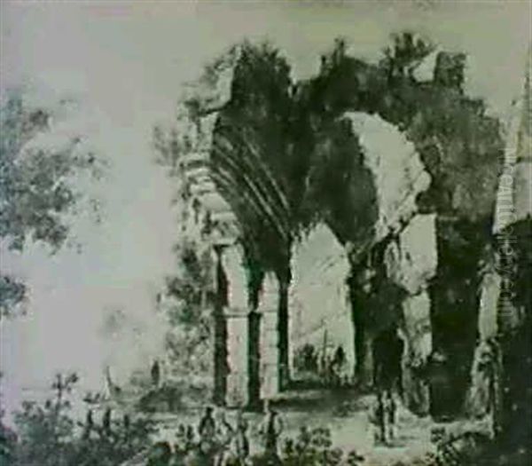 Italian Port With An Architectural Capriccio  Ruins Of An Aqueduct With Gondolas Beyond Oil Painting by Michele Marieschi