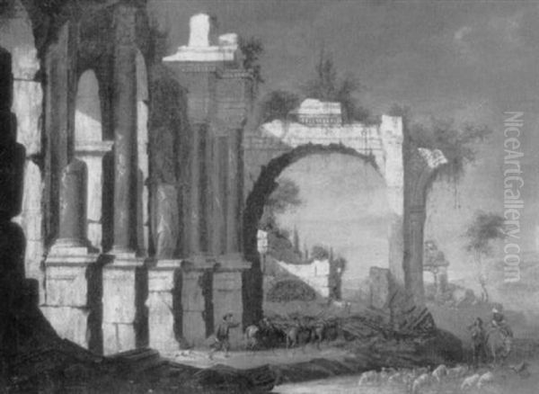 A Shepherd And A Muleteer Amid Architectural Ruins Oil Painting by Michele Marieschi