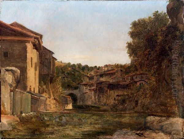 Vue D'une Partie De La Ville De Thiers (auvergne) Oil Painting by Prosper-Georges-Antoine Marilhat