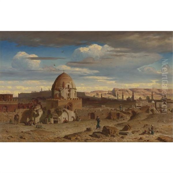 View Of The South Of The Necropolis In Cairo With The Citadel In The Background Oil Painting by Prosper-Georges-Antoine Marilhat