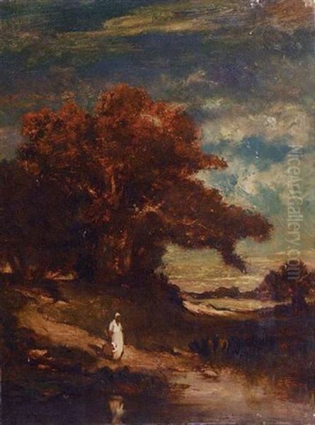 A Water Carrier At The River's Edge Oil Painting by Prosper-Georges-Antoine Marilhat