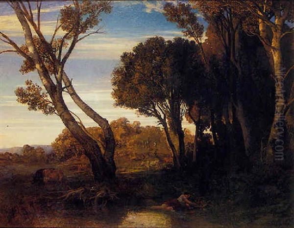 Gardienne De Troupeau Et Panier De Fleurs Oil Painting by Prosper-Georges-Antoine Marilhat