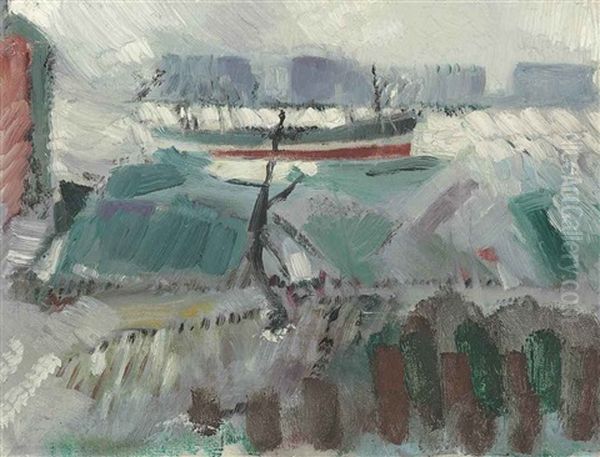 Docks, Boat, And City Skyline Oil Painting by John Marin