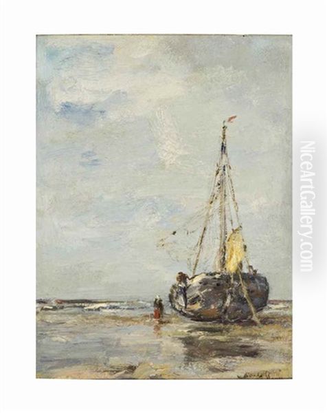 Sailing Ship At Low Tide (fishing Smack On The Beach) Oil Painting by Jacob Henricus Maris