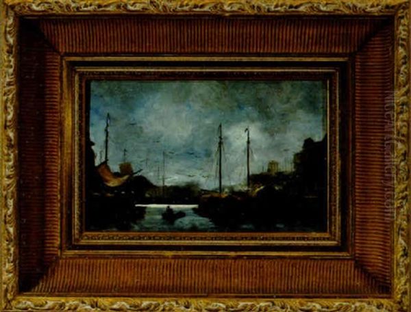 Harbor Scene With Ships And Lone Rower Oil Painting by Jacob Henricus Maris