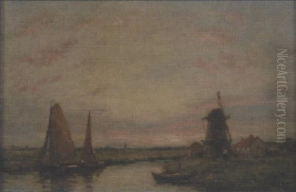 Sunset Over A Polder Oil Painting by Jacob Henricus Maris