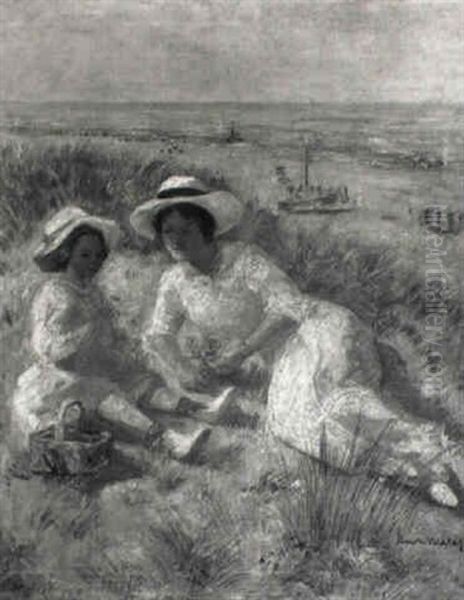 A Mother And Child On A Dune Top Oil Painting by Simon Maris