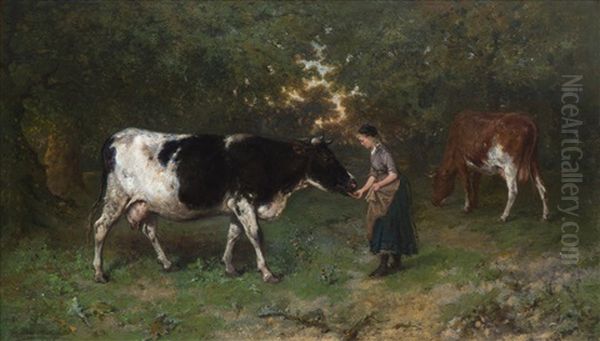 'koeienhoedster In Een Bos' / Girl Tending Cows In The Woods Oil Painting by Willem Maris