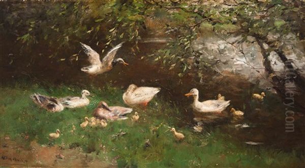 Family Of Ducks By The Water's Edge Oil Painting by Willem Maris
