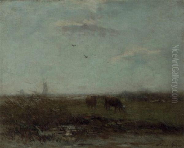 An Extensive Polder Landscape With Grazing Cows Oil Painting by Willem Maris