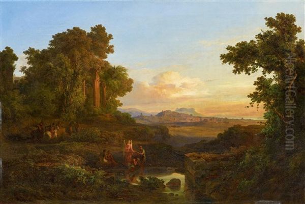 Weite Italienische Landschaft Mit Der Taufe Christi Oil Painting by Karoly Marko the Elder