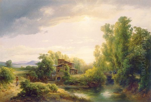 Stream With Water-mill Oil Painting by Karoly Marko the Elder