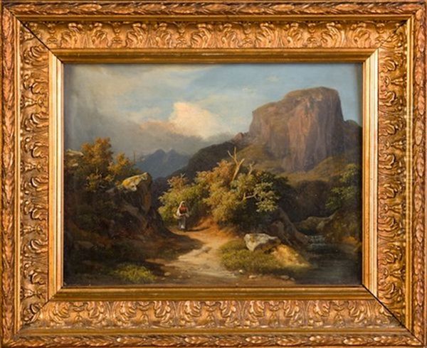 Villageoise Italienne En Chemin, Panier Sous Le Bras, Sur Un Sentier De Montagne Oil Painting by Karoly Marko the Younger