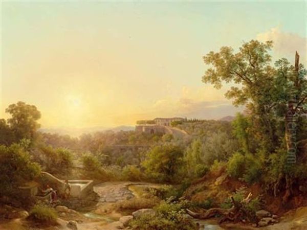 Italienische Landschaft Mit Zwei Frauen Am Brunnen Oil Painting by Karoly Marko the Younger
