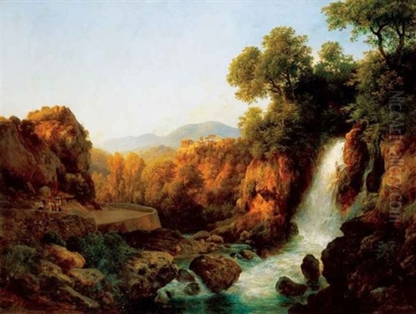 Italiai Taj Vizesessel (italian Landscape With Waterfall) Oil Painting by Karoly Marko the Younger
