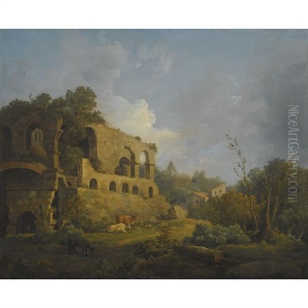 Landscape With Classical Ruins, Outside Rome, With The Pyramid Of Cestius Beyond Oil Painting by William Marlow