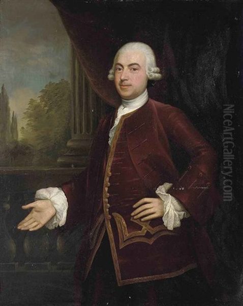 Portrait Of A Gentleman In A Red Coat And Gold Trimmed Waist Coat, A Landscape Beyond Oil Painting by Anton von Maron