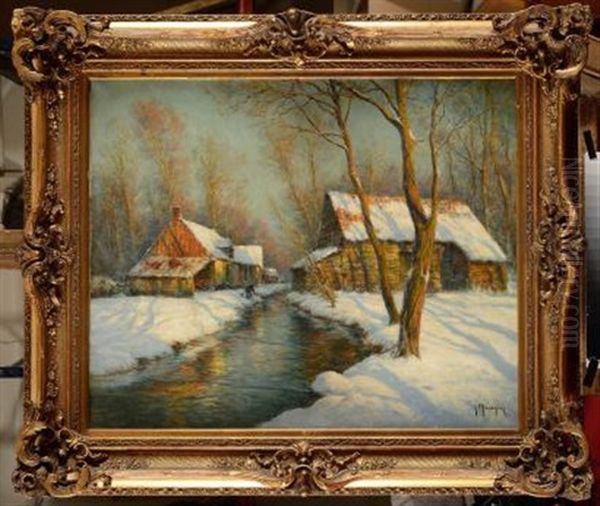 Paysage Enneige Au Ruisseau Oil Painting by Georges-Philibert-Charles Maroniez