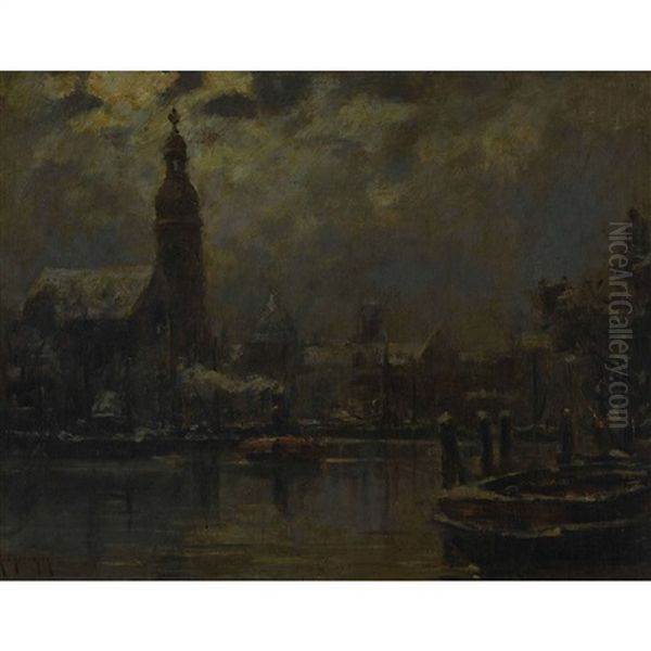 Winterlandschaft Mit Stadt Am Fluss Oil Painting by Georges-Philibert-Charles Maroniez