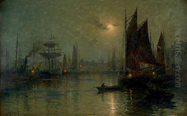 Scene De Port Au Clair De Lune Oil Painting by Georges-Philibert-Charles Maroniez