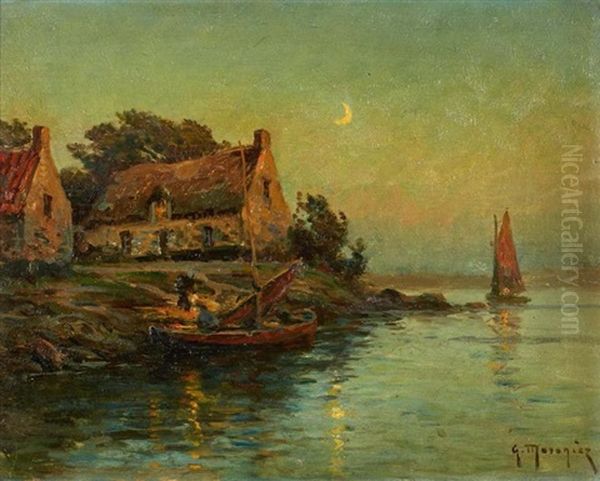 Voilier Au Clair De Lune Oil Painting by Georges-Philibert-Charles Maroniez