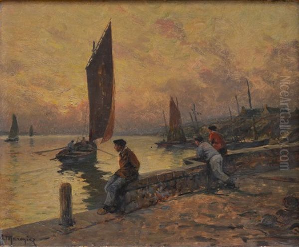 Marins A Quai Et Voiliers Oil Painting by Georges-Philibert-Charles Maroniez