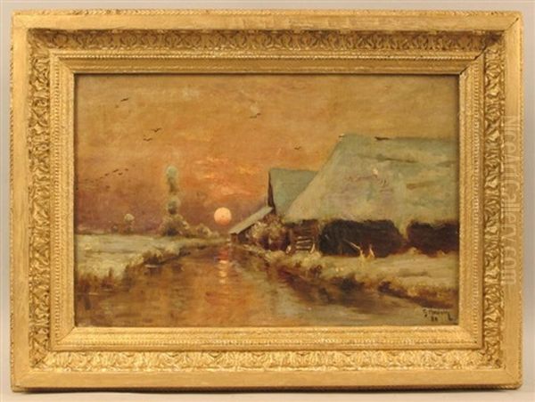 Canal Sous La Neige, Soleil Couchant Oil Painting by Georges-Philibert-Charles Maroniez