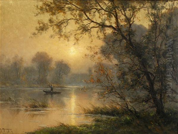 Sunlit River Scene Oil Painting by Georges-Philibert-Charles Maroniez