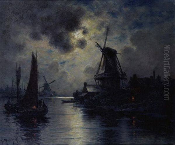 Port En Hollande Au Clair De Lune Oil Painting by Georges-Philibert-Charles Maroniez