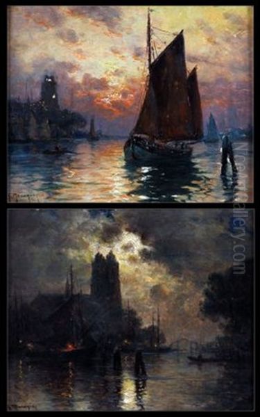 Shipping By Moonlight (+ Shipping By Sunset; Pair) Oil Painting by Georges-Philibert-Charles Maroniez