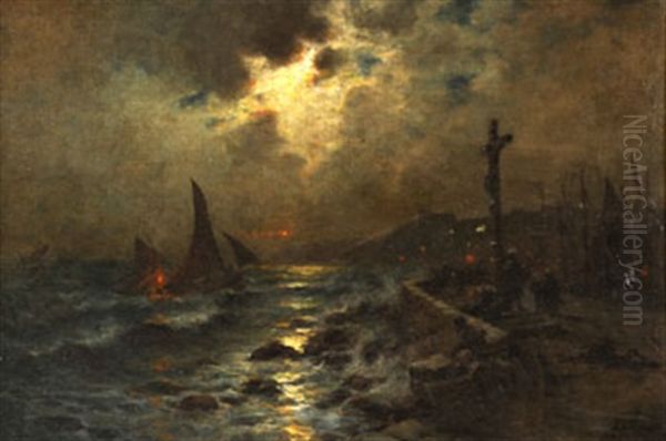 Retour Au Port Au Clair De Lune Oil Painting by Georges-Philibert-Charles Maroniez