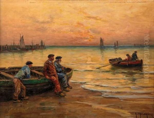 Le Soir Sur La Greve Oil Painting by Georges-Philibert-Charles Maroniez