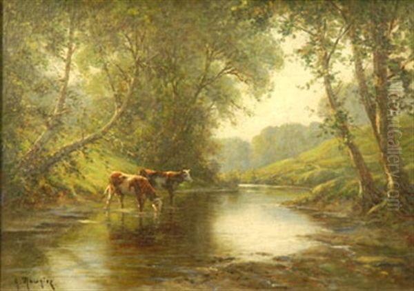 Vaches S'abreuvant Oil Painting by Georges-Philibert-Charles Maroniez
