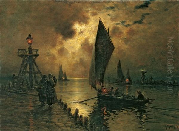 Fischerhafen Im Mondschein Oil Painting by Georges-Philibert-Charles Maroniez