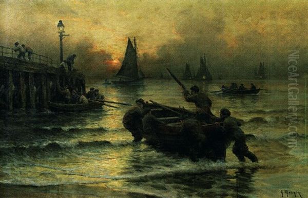 Pecheurs Embarquant Au Clair De Lune Oil Painting by Georges-Philibert-Charles Maroniez