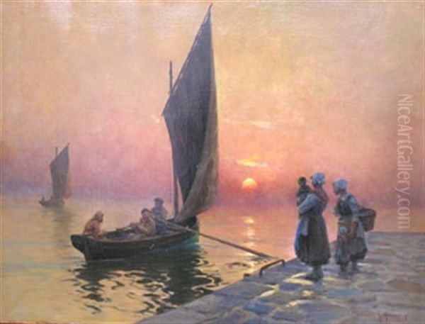 Retour De Peche, Soleil Couchant Oil Painting by Georges-Philibert-Charles Maroniez