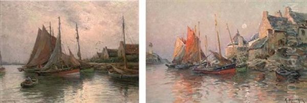 Dans Le Petit Port (+ Harbour At Dusk, Oil On Board, Smaller; 2 Works) Oil Painting by Georges-Philibert-Charles Maroniez