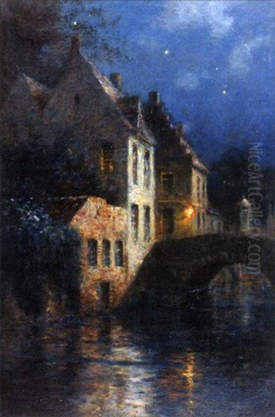 Bruges De Nuit, Le Pont Des Chevaux, Quai Vert Oil Painting by Georges-Philibert-Charles Maroniez