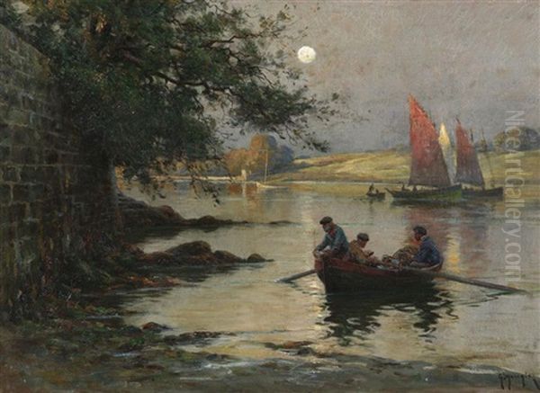 Fischer Im Morgengrauen Auf Einem Flus Oil Painting by Georges-Philibert-Charles Maroniez