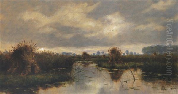 Sumplandschaft Mit Gebundelten Schilfgarben Oil Painting by Georges-Philibert-Charles Maroniez