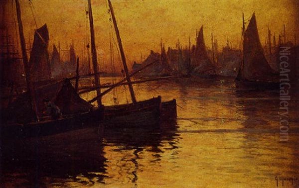 Bateaux Au Port Au Crepuscule Oil Painting by Georges-Philibert-Charles Maroniez