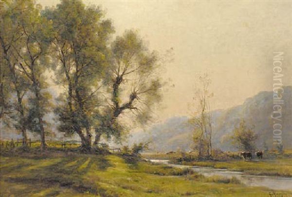 Cattle Grazing In A River Landscape Oil Painting by Georges-Philibert-Charles Maroniez
