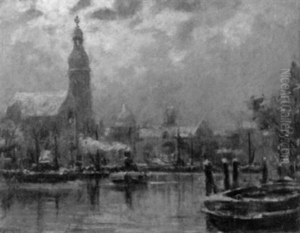 Winterabend In Einer Hollandischen Hafenstadt Oil Painting by Georges-Philibert-Charles Maroniez