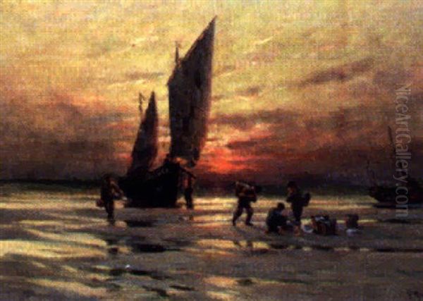 Fishermen Unloading Their Catch In The Sunset Oil Painting by Georges-Philibert-Charles Maroniez