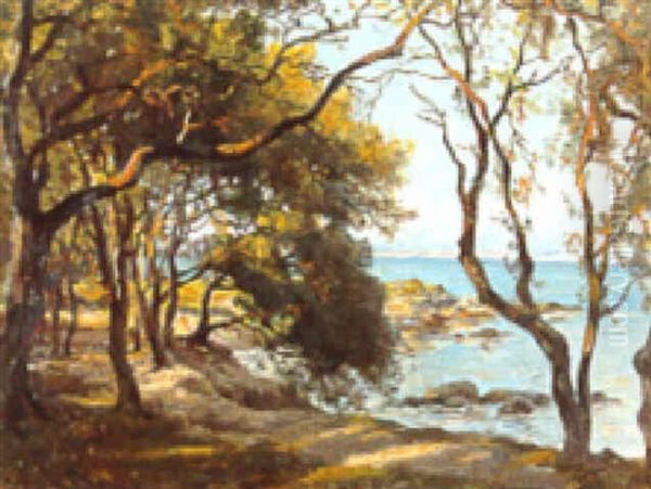 A Mediterranean Seascape Through A Grove Of Trees Oil Painting by Georges-Philibert-Charles Maroniez