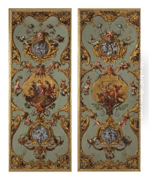 Zephir, Flore, Bacchus, Mercure Et Argus  (+ L'enlevement De Dejanire, Apollon Et Daphne, Neptune Entoures De Putti Et De Guirlandes De Fleurs; Pair) Oil Painting by Daniel the Elder Marot